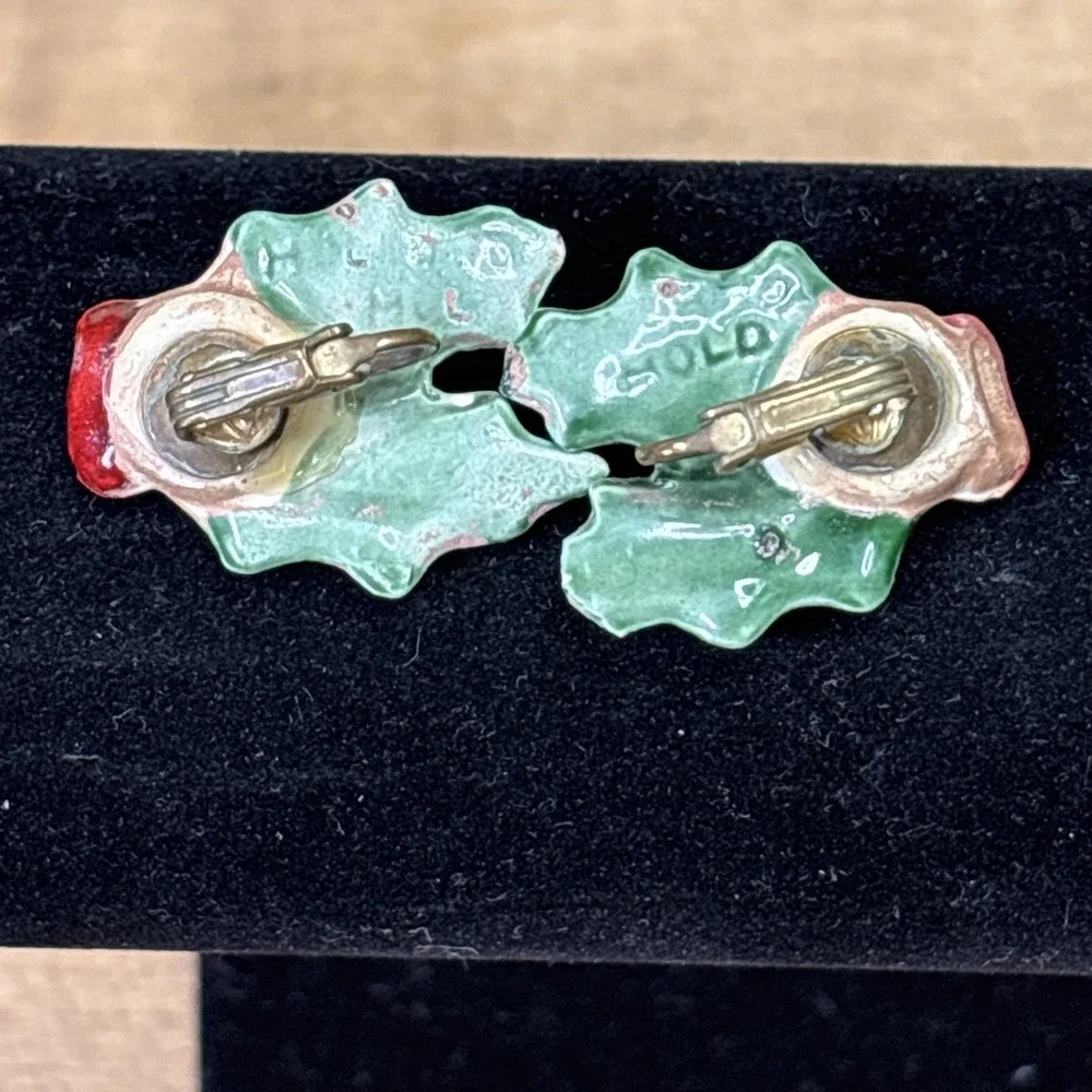 Vintage 1960s 70s Holland Mold Ceramic Holly Earrings Christmas Holiday Retro